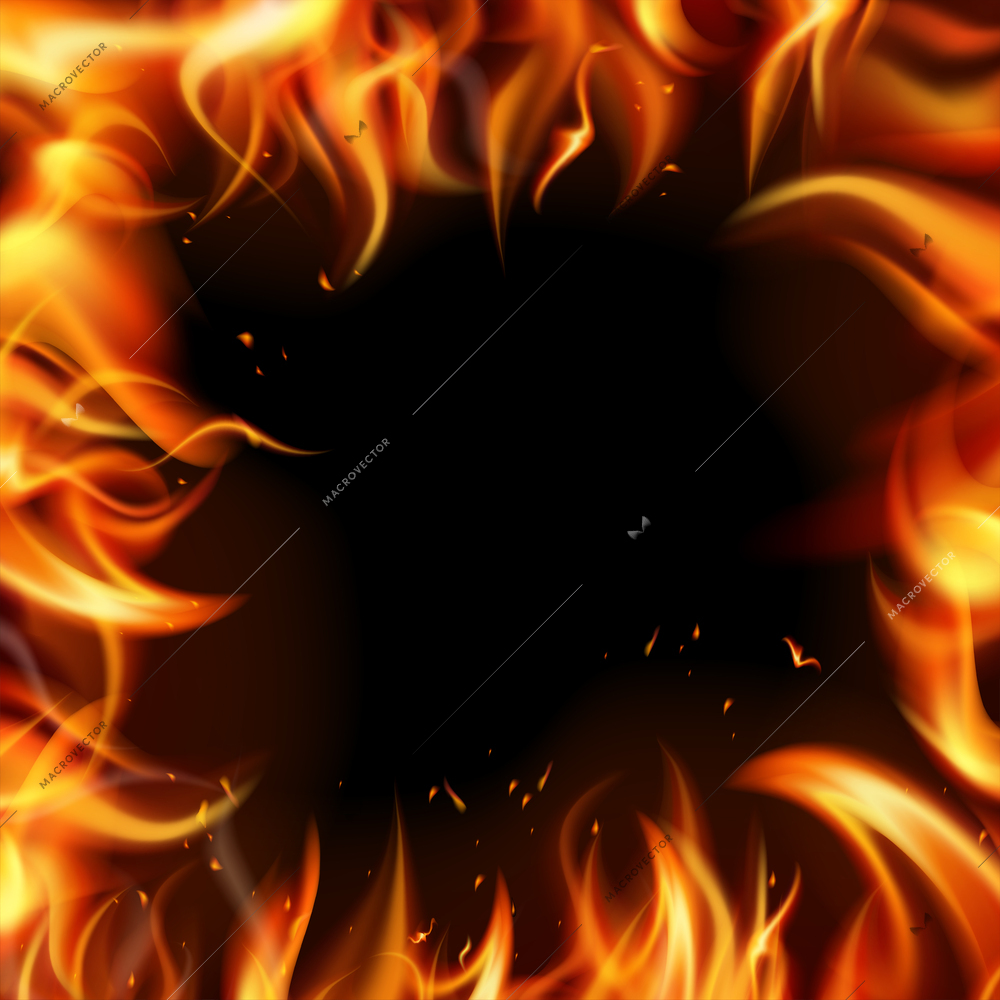 Realistic fire frame frame of red bright flames on a black background vector illustration