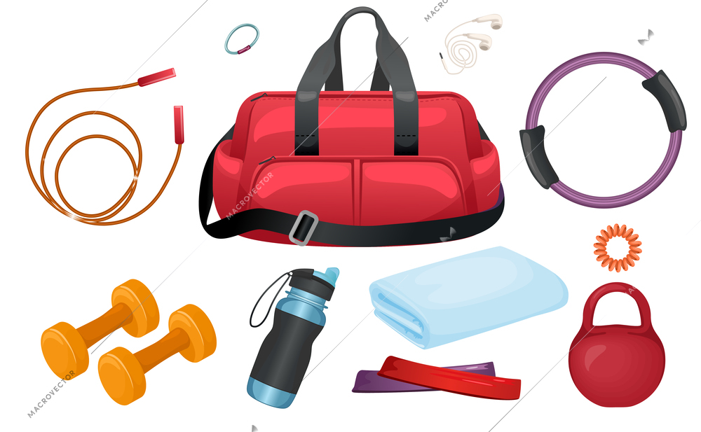 Gym bag fitness icon set with red bag with rope kettlebell sports water bottle hair band headphones dumbbells shower towel vector illustration