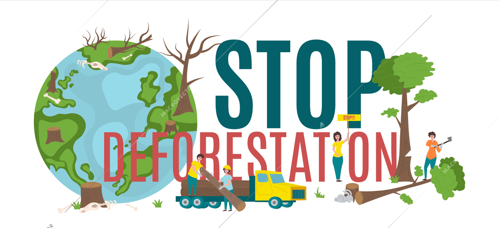 Deforestation concept with environmental protection and destruction symbols flat vector illustration