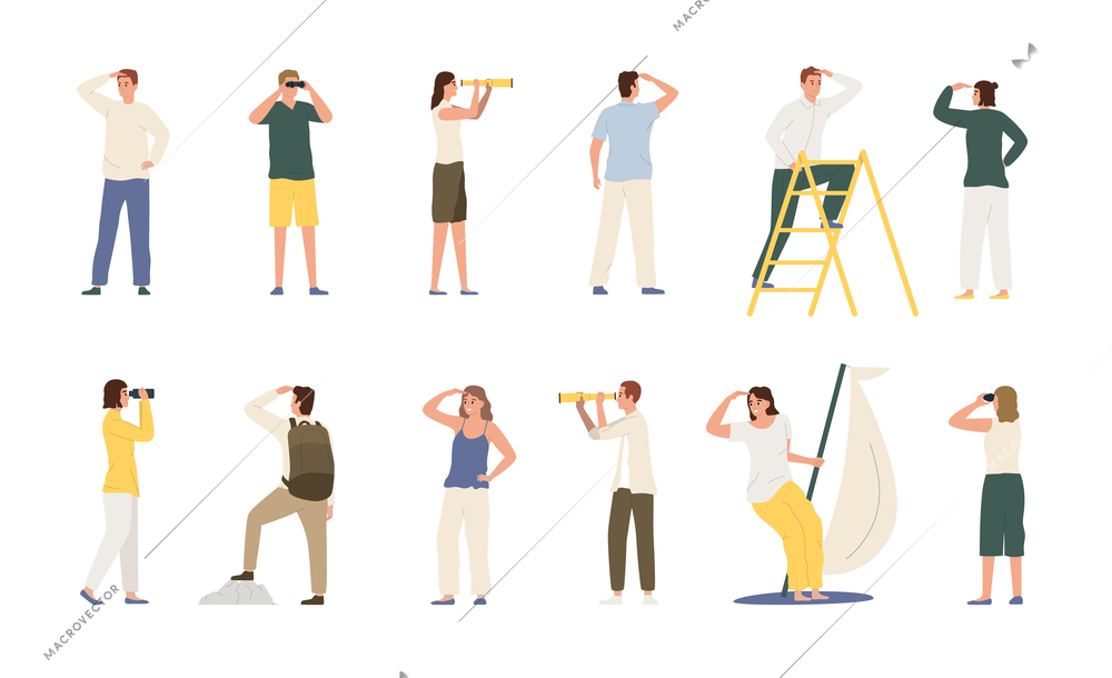 Set of people looking into distance into future with binoculars spyglass standing on ladder flat isolated vector illustration