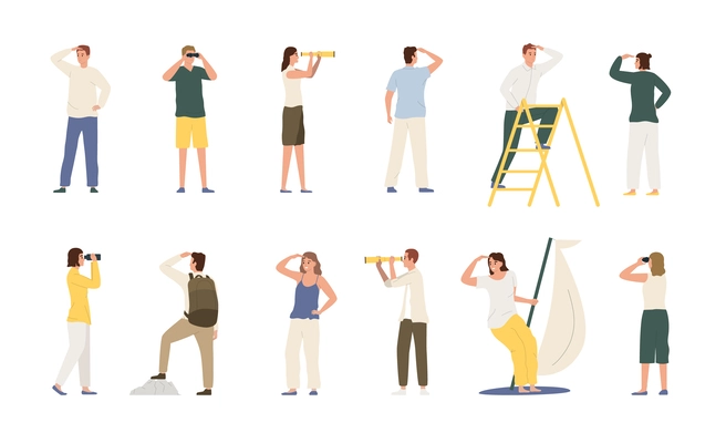 Set of people looking into distance into future with binoculars spyglass standing on ladder flat isolated vector illustration