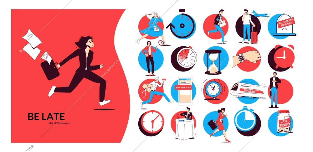 Be late set of isolated round compositions with flat human characters alarm clocks stopwatches and people vector illustration