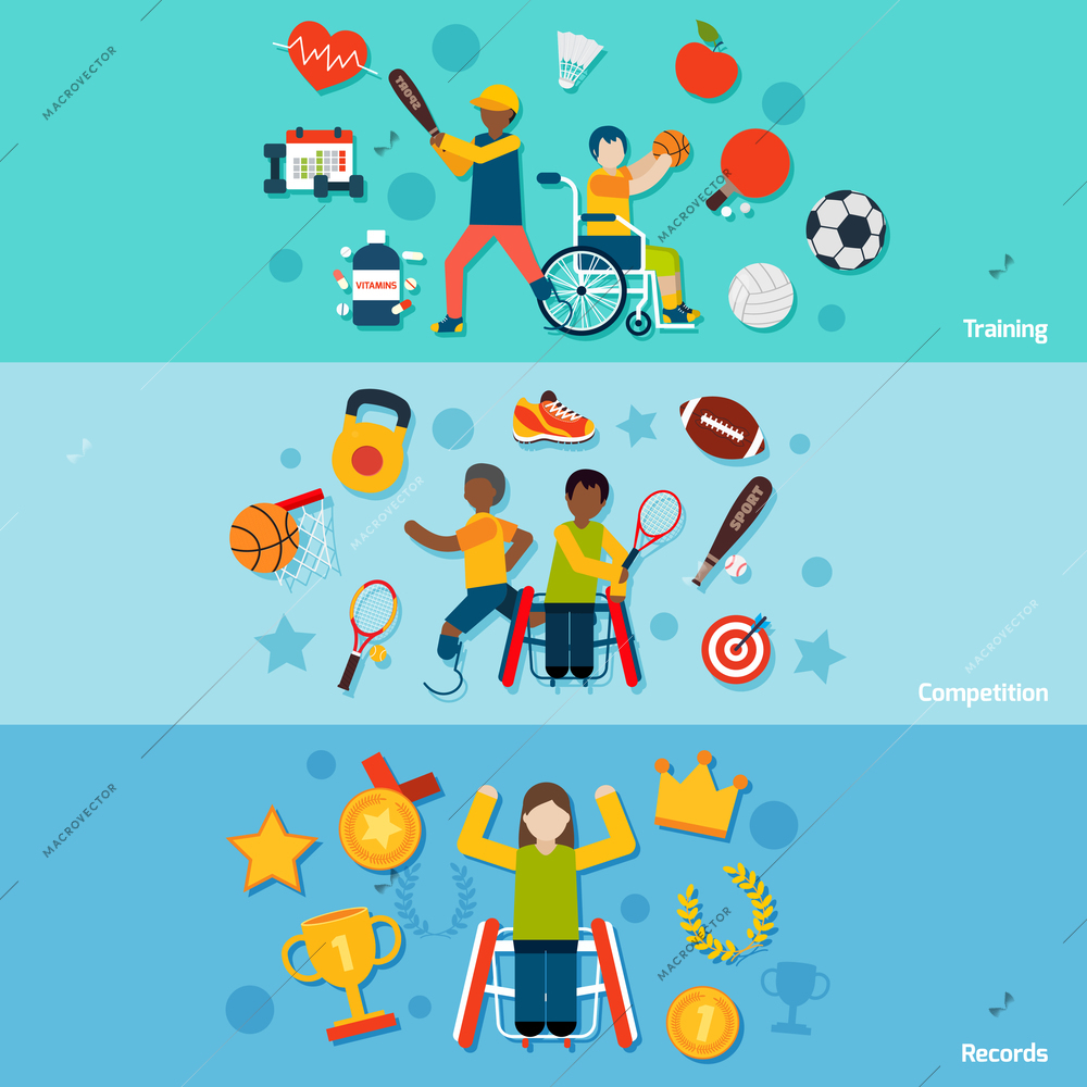 Disabled sports flat horizontal banners set with training competition records isolated vector illustration