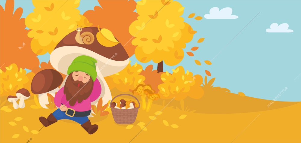 Cute gnomes flat horizontal composition with autumn forest scenery and yellow foliage with sleeping dwarf character vector illustration