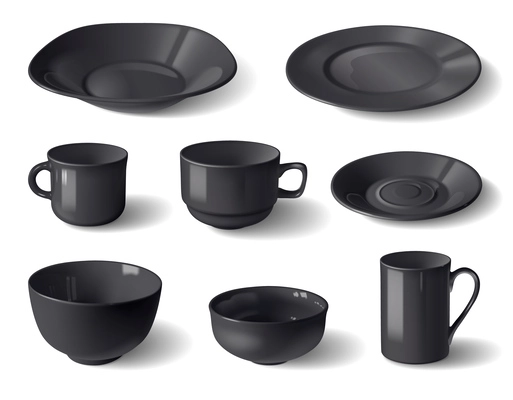Modern porcelain dishware realistic set with stylish black cups plates bowls isolated vector illustration