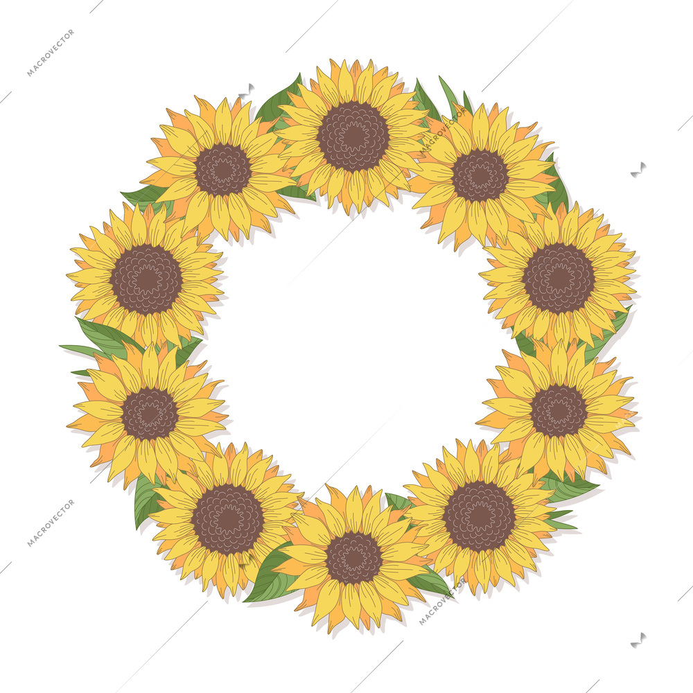 Cartoon sunflower wreath with green leaves top view on white background vector illustration