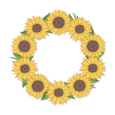 Cartoon sunflower wreath with green leaves top view on white background vector illustration