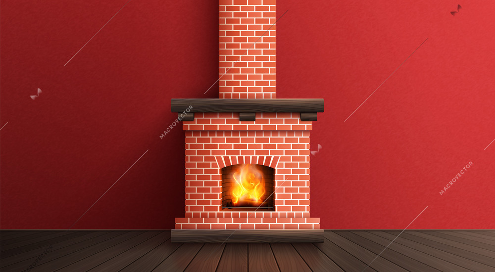 Fireplace realistic composition with indoor interior view and classic style chimney made of bricks with fire vector illustration