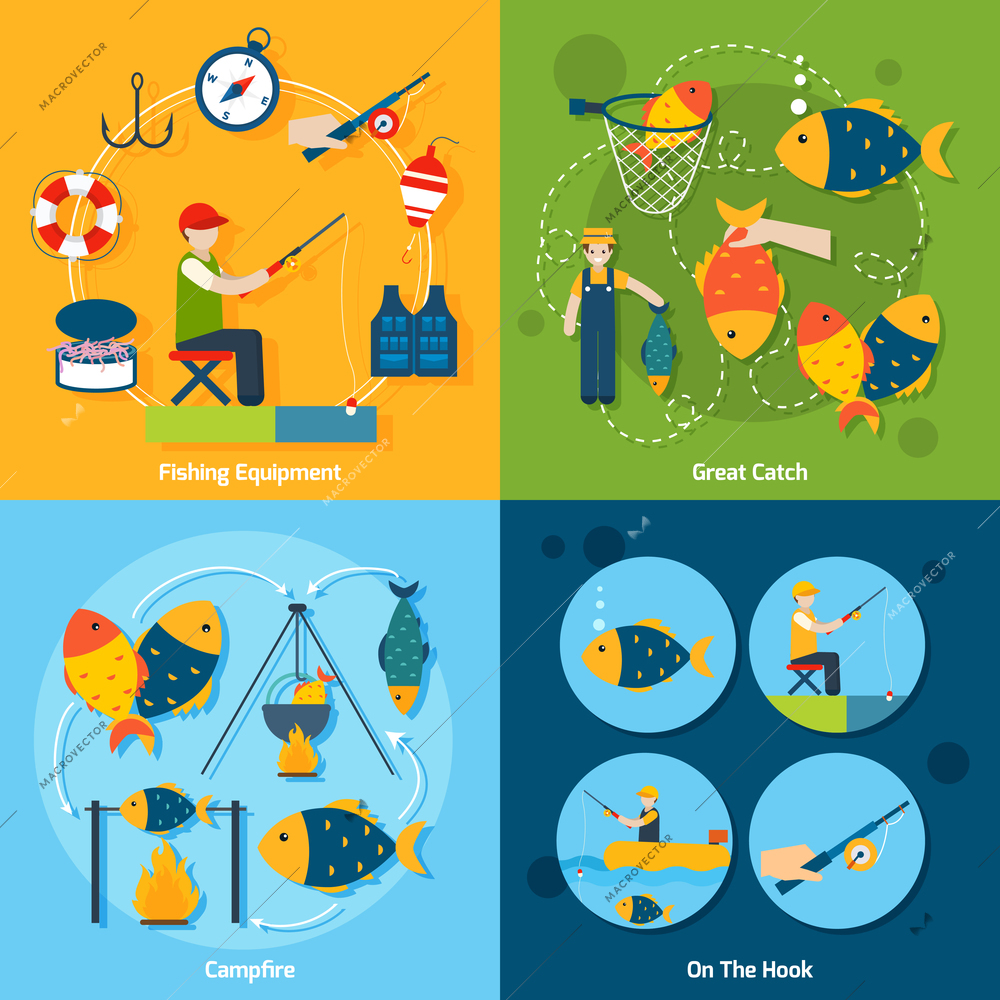 Fishing design concept set with equipment catch campfire hook flat icons set isolated vector illustration