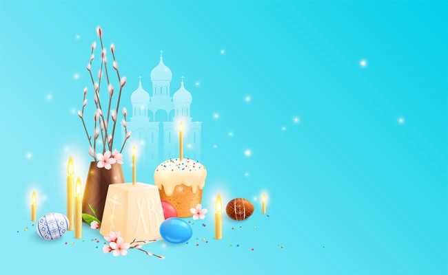 Orthodox easter realistic greeting card composition of festive decorations candles eggs and sweets on blue background vector illustration