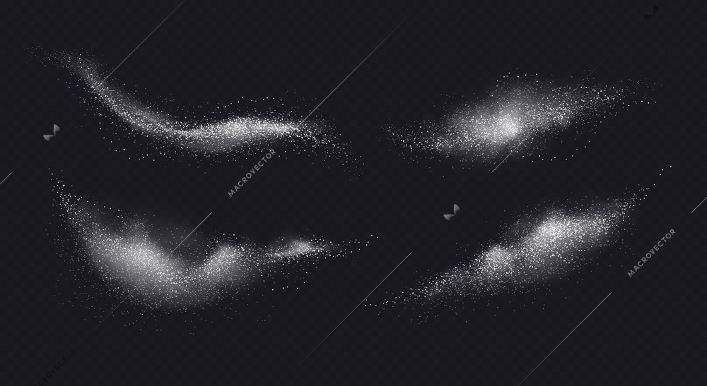 Falling sugar salt white dust set of isolated realistic images of white powder with detailed particles vector illustration