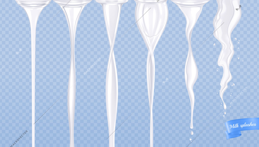 Milk flow realistic set of isolated vertical streams of white liquid various shapes on transparent background vector illustration