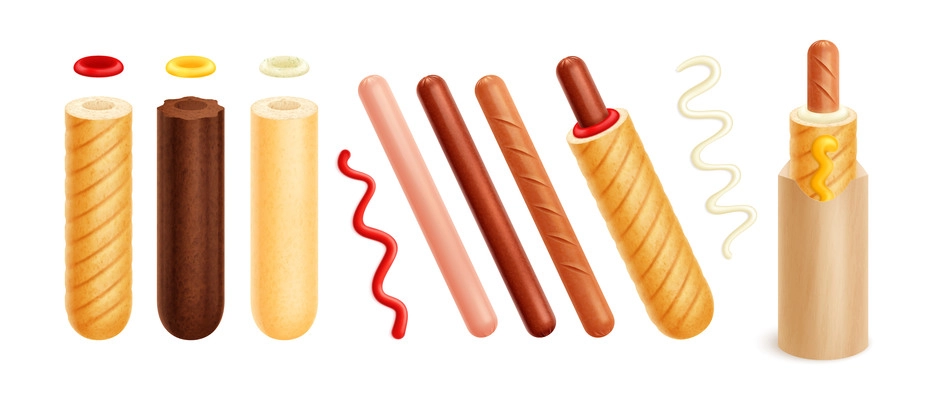 French hot dog realistic set with isolated images of ready hotdogs and icons of single ingredients vector illustration