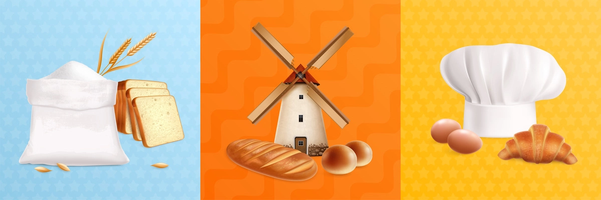 Bread realistic design concept with three square compositions of pastry products mill building and cooks hat vector illustration