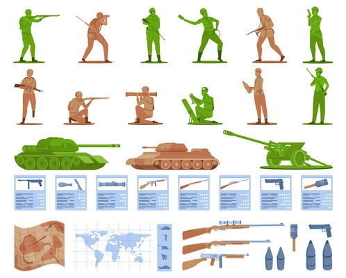 War flat set of solders military equipment vehicles tactical map and weapons isolated vector illustration