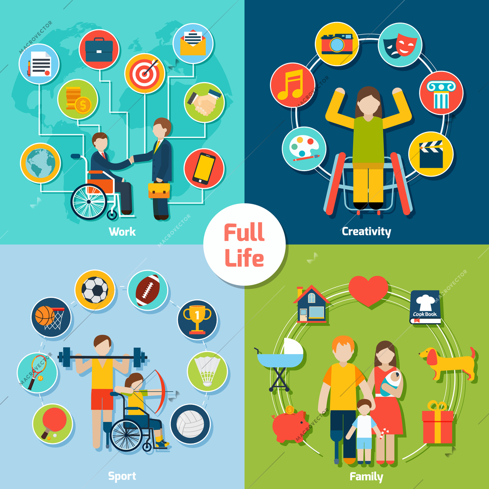 Disabled life design concept set with work creativity sport family flat icons isolated vector illustration