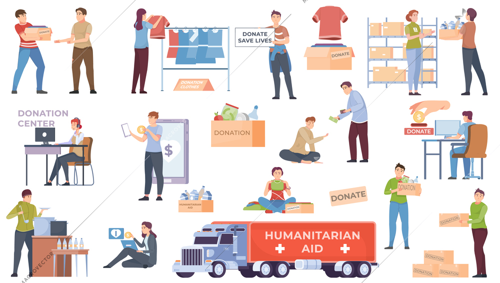 Humanitarian aid flat set with people donating money donation centre van boxes with food water and clothes isolated vector illustration