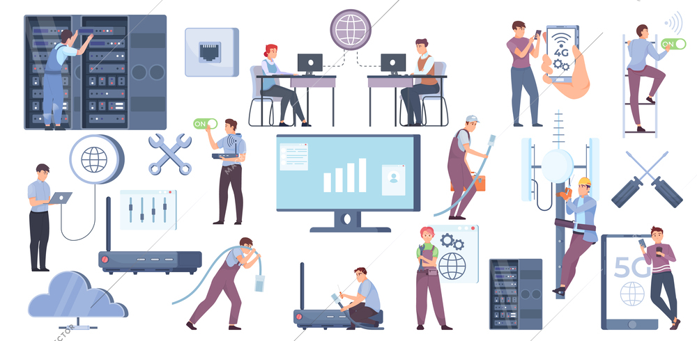 Internet setting set with computer telecommunication equipment technicians and system administrators at work isolated vector illustration