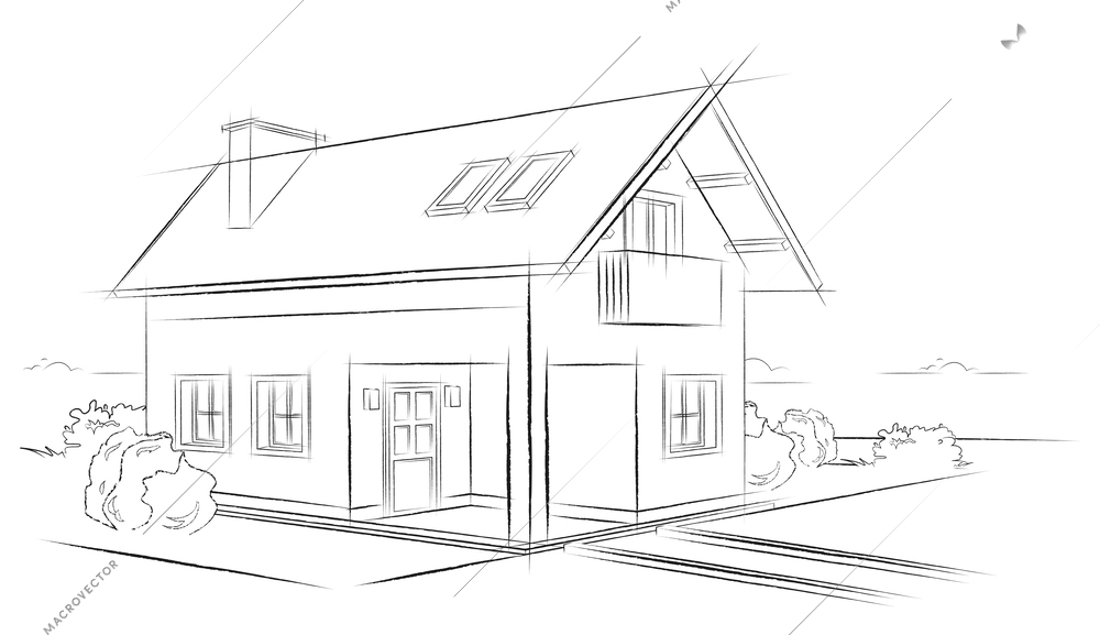 Realistic modern house drawing with facade and roof vector illustration