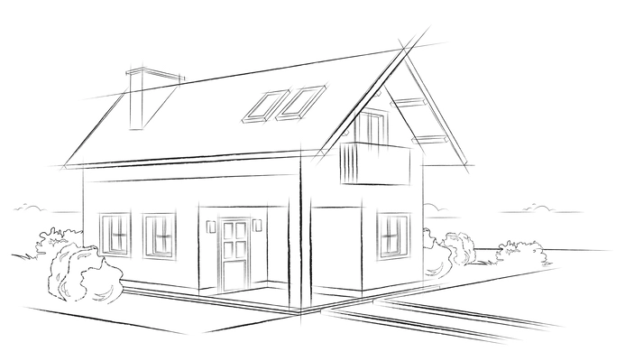 Realistic modern house drawing with facade and roof vector illustration