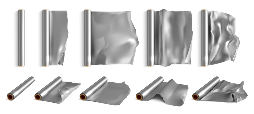 Realistic aluminium foil rolls set isolated vector illustration