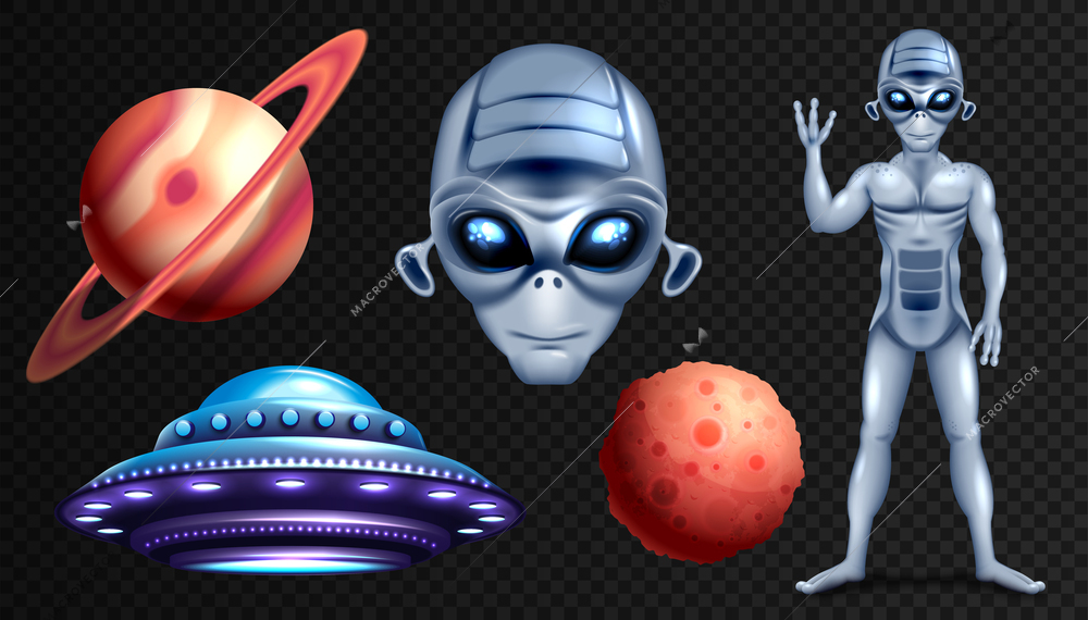 Alien ufo set on transparent background realistic isolated vector illustration