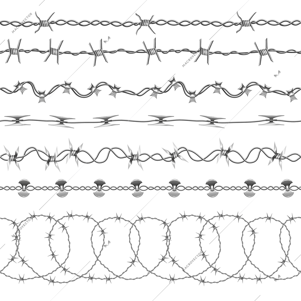 Barb metallic seamless set with boundary symbols realistic isolated vector illustration