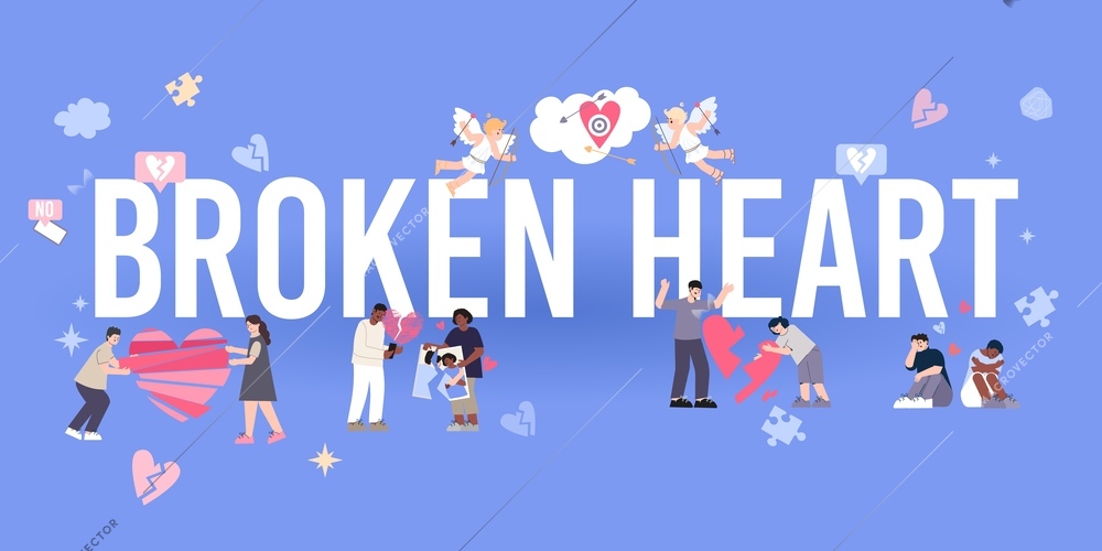 Broken heart composition of flat text surrounded by pictograms and doodle style characters of young lovers vector illustration