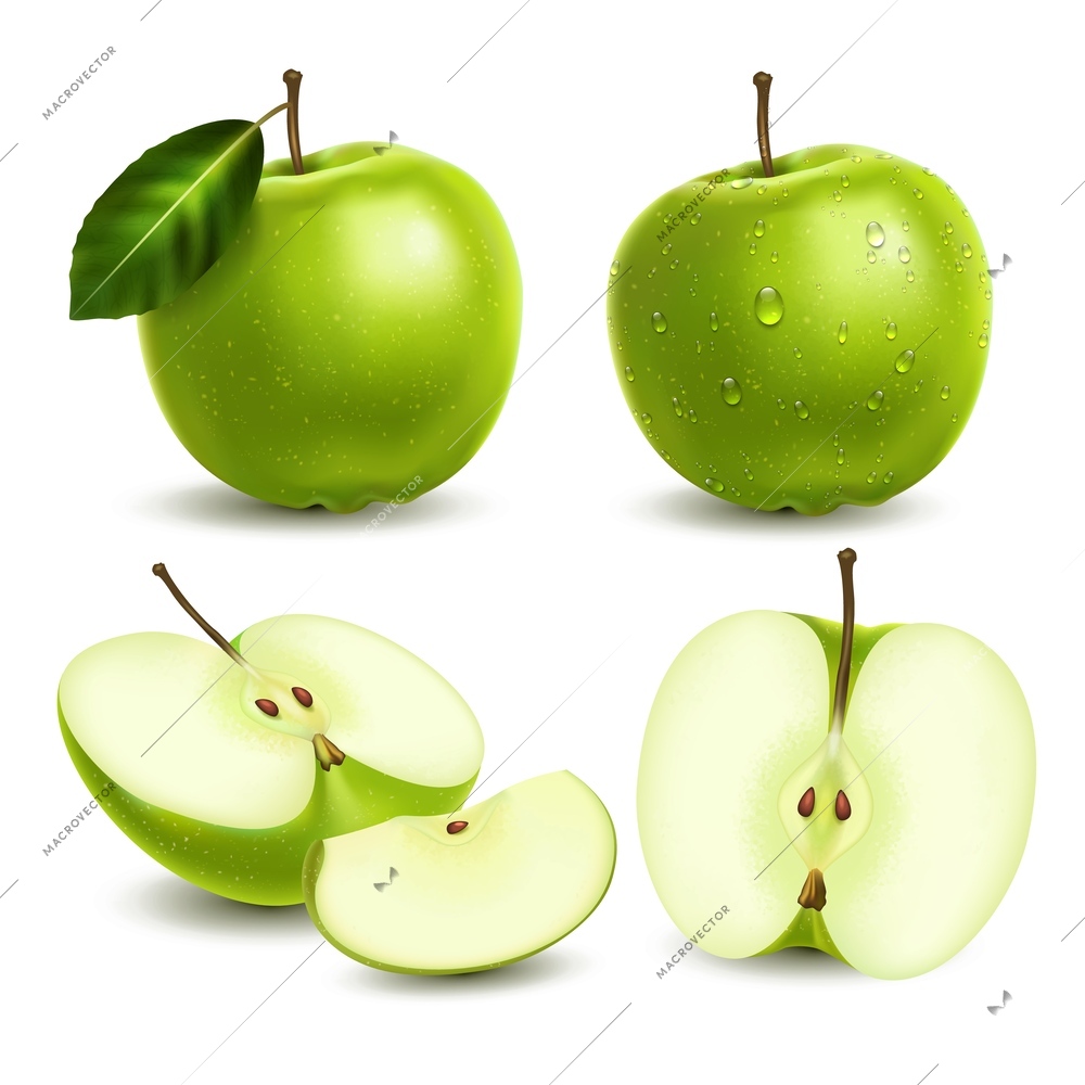 Realistic fresh green apple set with whole and sliced fruit with leaf and water drops isolated vector illustration