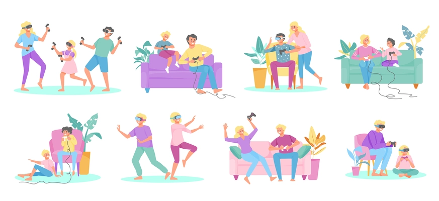 Family playing vr video games color set with isolated compositions of family with joysticks on sofa vector illustration