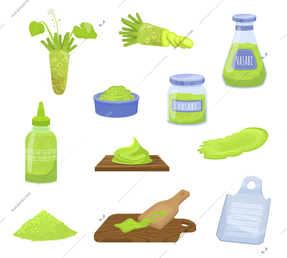 Wasabi sauce flat set of isolated icons with images of carving board cutlery bottles and powder vector illustration