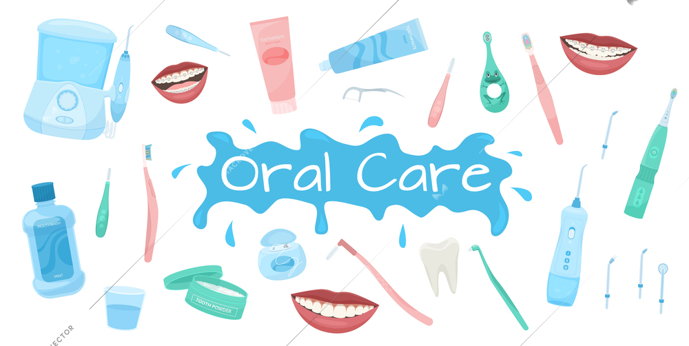 Dental hygiene flat set with isolated icons of oral care medical products and appliances with text vector illustration