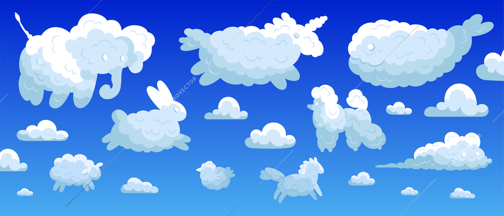 White animal clouds icon set blue sky and different clouds in fantasy shapes vector illistration