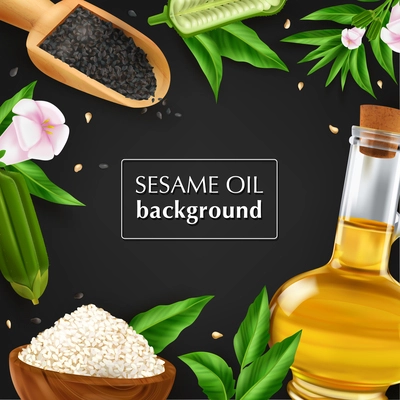 Realistic sesame background composition with editable text frame surrounded by images of sesame seed and oil vector illustration