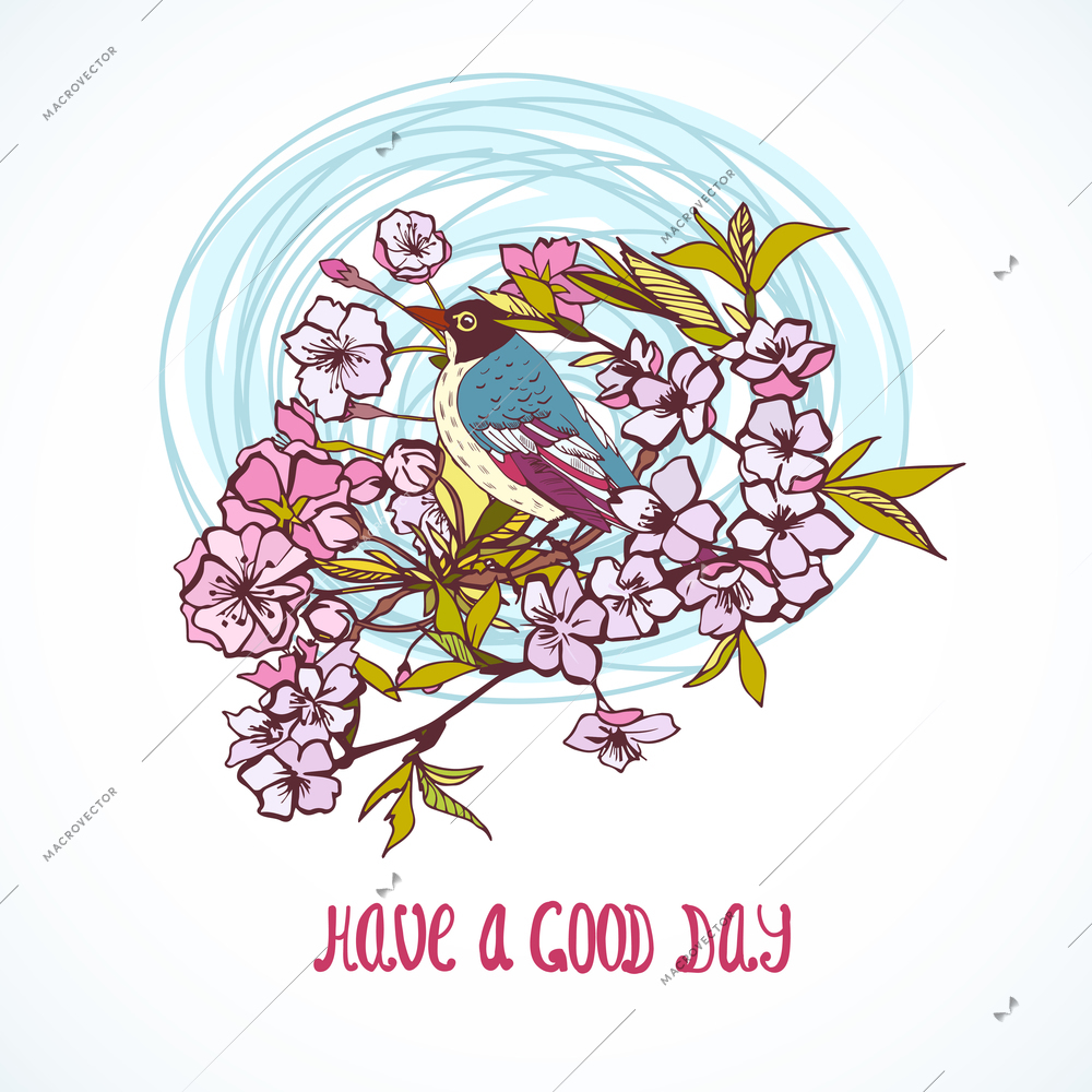 Good day wishing card with cherry sakura flowers and bird decorative symbol isolated vector illustration