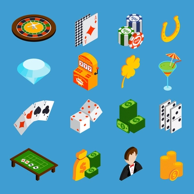 Casino isometric icons set with roulette cards dice money isolated vector illustration