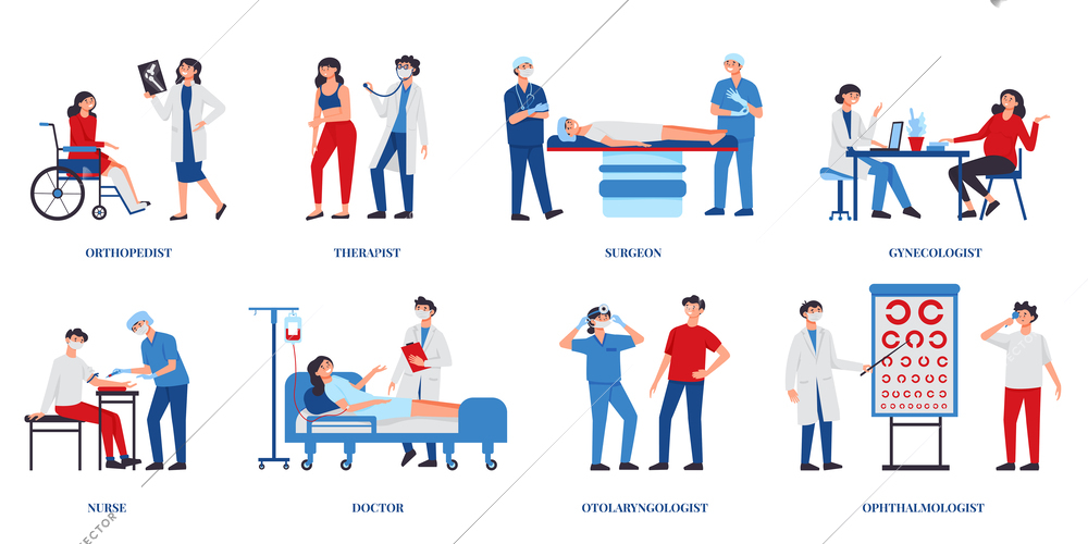 Doctor set with isolated compositions of human characters with medical specialists helping patients and text captions vector illustration