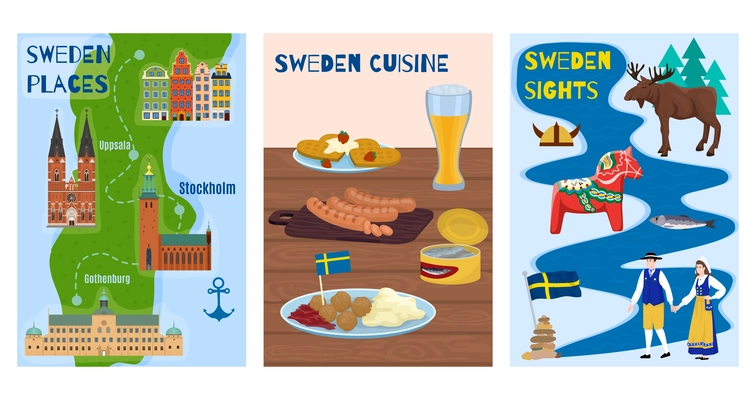 Sweden touristic cards set with cuisine and places symbols flat isolated vector illustration