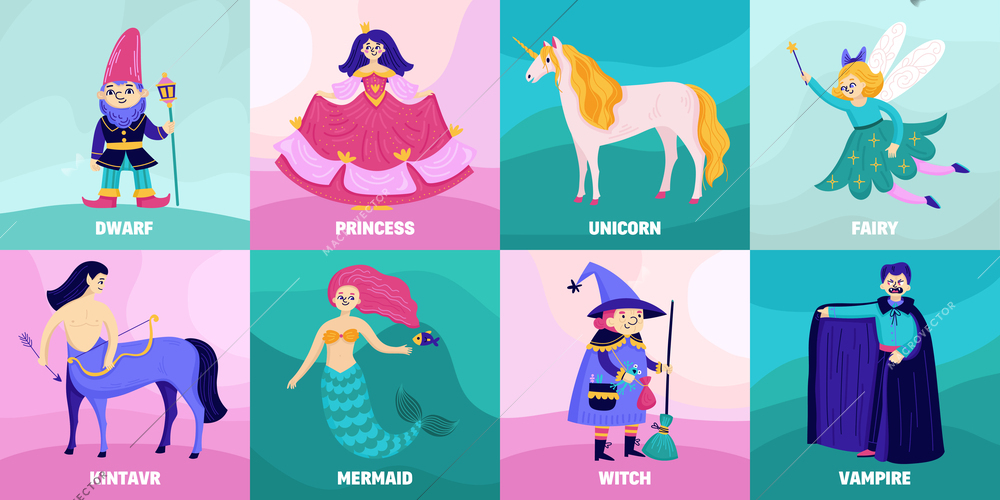 Fairy tale composition set with dwarf princess unicorn fairy kintavr mermaid witch vampire descriptions vector illustration