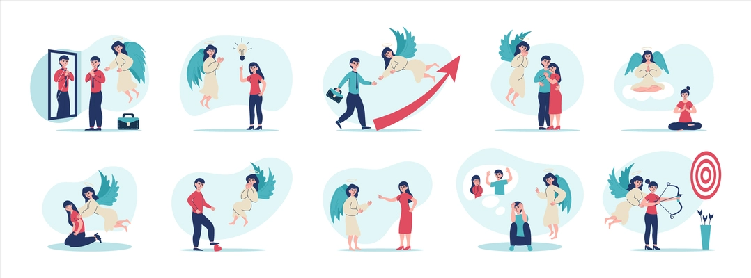 Set with isolated angels people flat compositions with humans getting advice from angels in various situations vector illustration