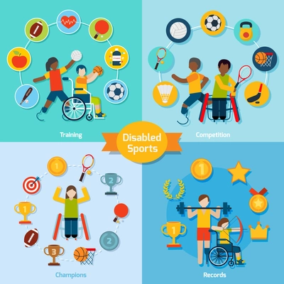 Disabled sport design concept set with training competition champions record flat icons isolated vector illustration