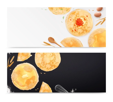 Maslenitsa realistic horizontal banners with fresh tasty hot pancakes at white and black background isolated vector illustration