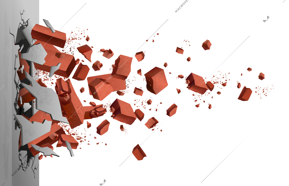 Realistic concrete wall exploding with flying brick pieces vector illustration