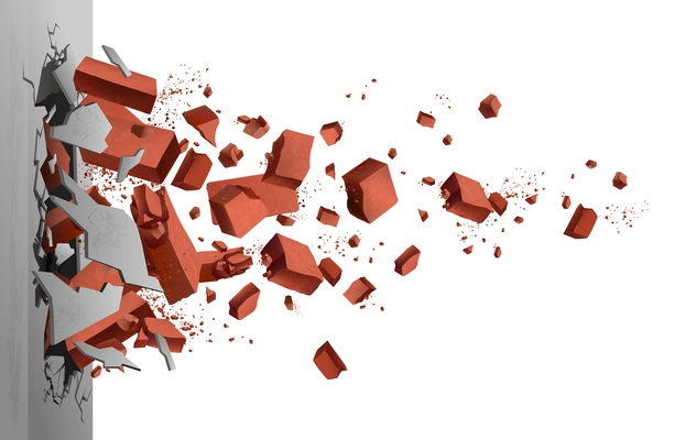 Realistic concrete wall exploding with flying brick pieces vector illustration