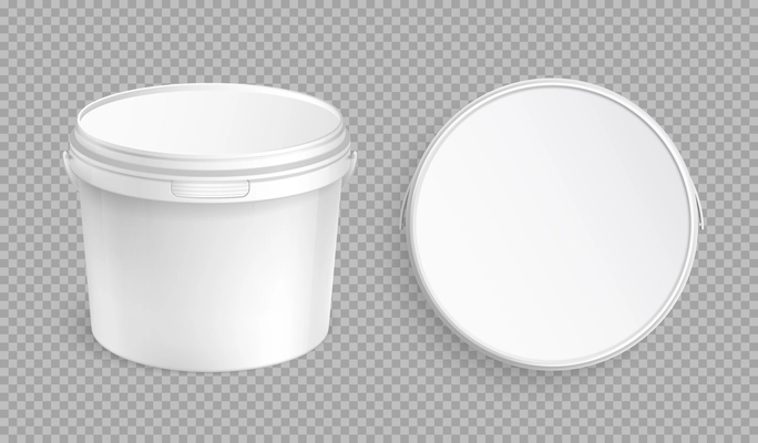 Realistic white plastic bucket with cap on transparent background isolated vector illustration