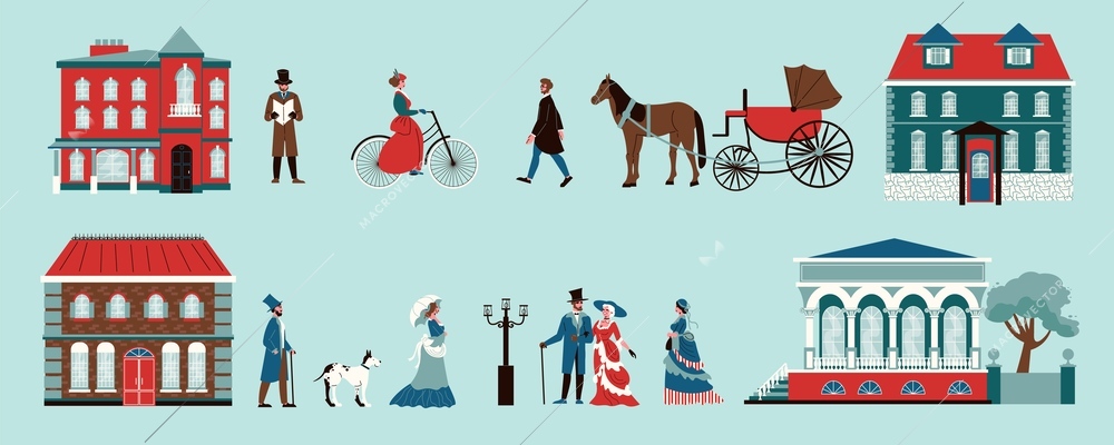 18th century victorian color set with isolated images of historic buildings horse driven wagon and aristocrats vector illustration