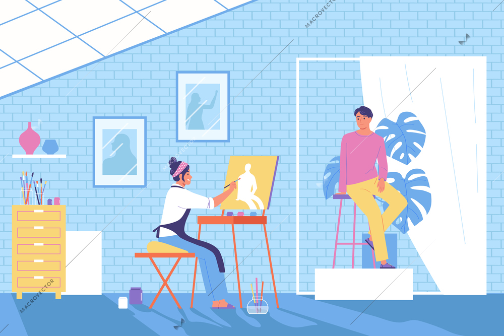 Artist painting studio composition with loft interior view and female painter drawing male figure from nature vector illustration