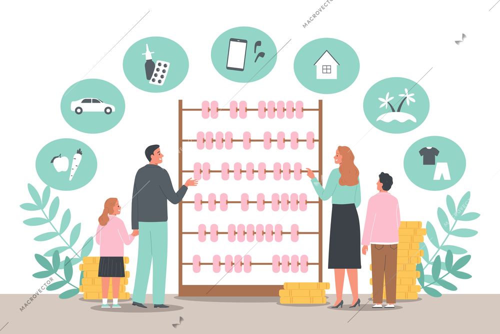 Family with children creating budget plan with abacus flat concept vector illustration
