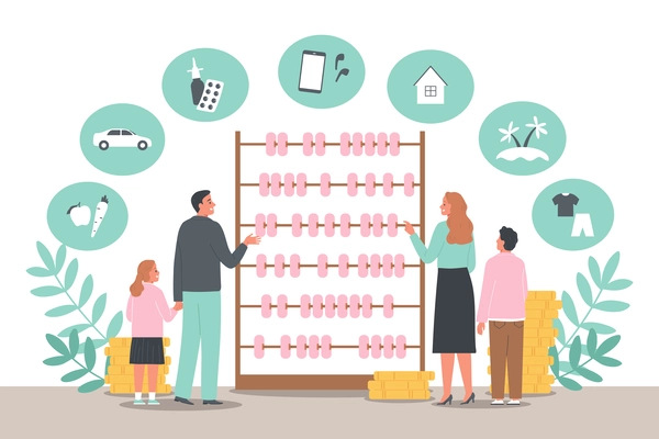 Family with children creating budget plan with abacus flat concept vector illustration