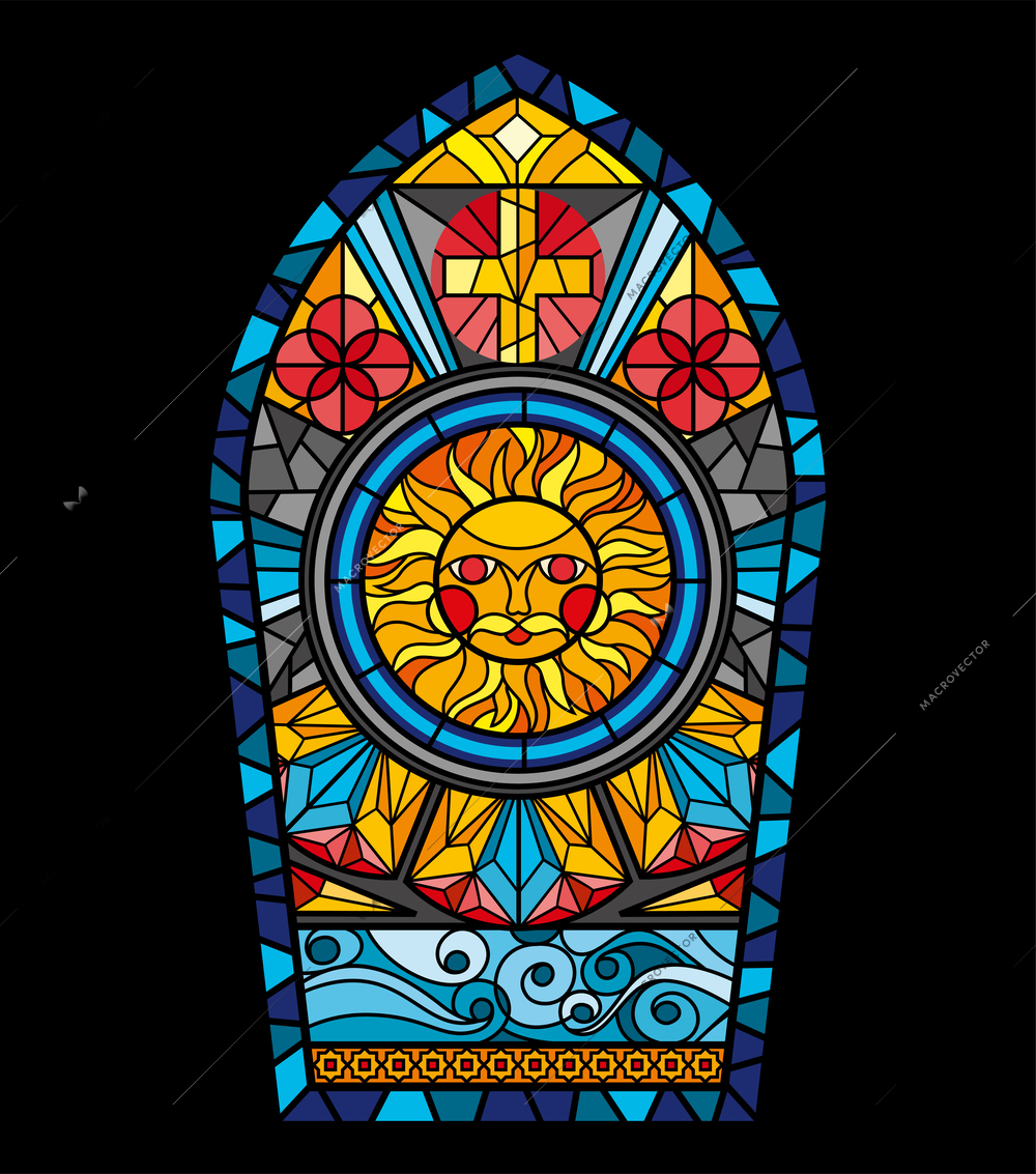 Colorful cathedral mosaic window in gothic design with religion elements on black background vector illustration